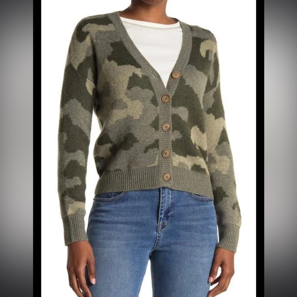 Lucky Brand Camouflage Cardigan Sweater Small Green Button Up Soft Wool Blend - Picture 3 of 12